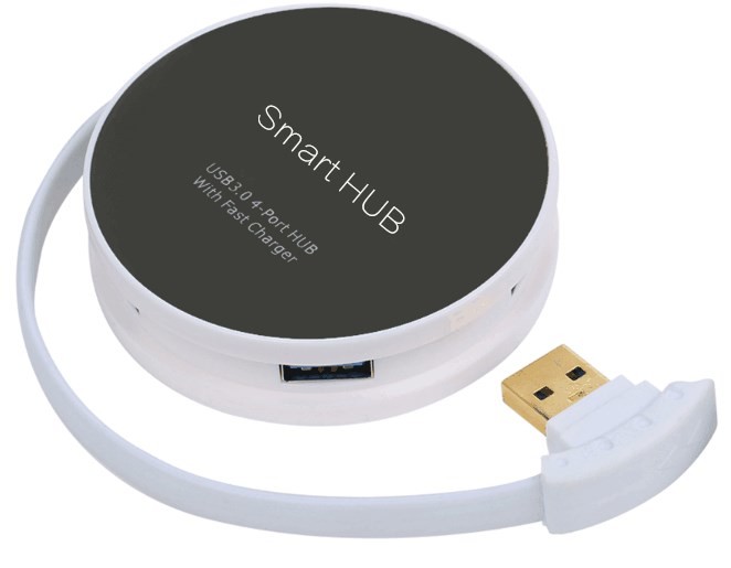 Round Shape 4 Ports Smart Hub With Battery Charging BC 1.2 Built-in Wrap-Aound Cable White U2-312-WH 